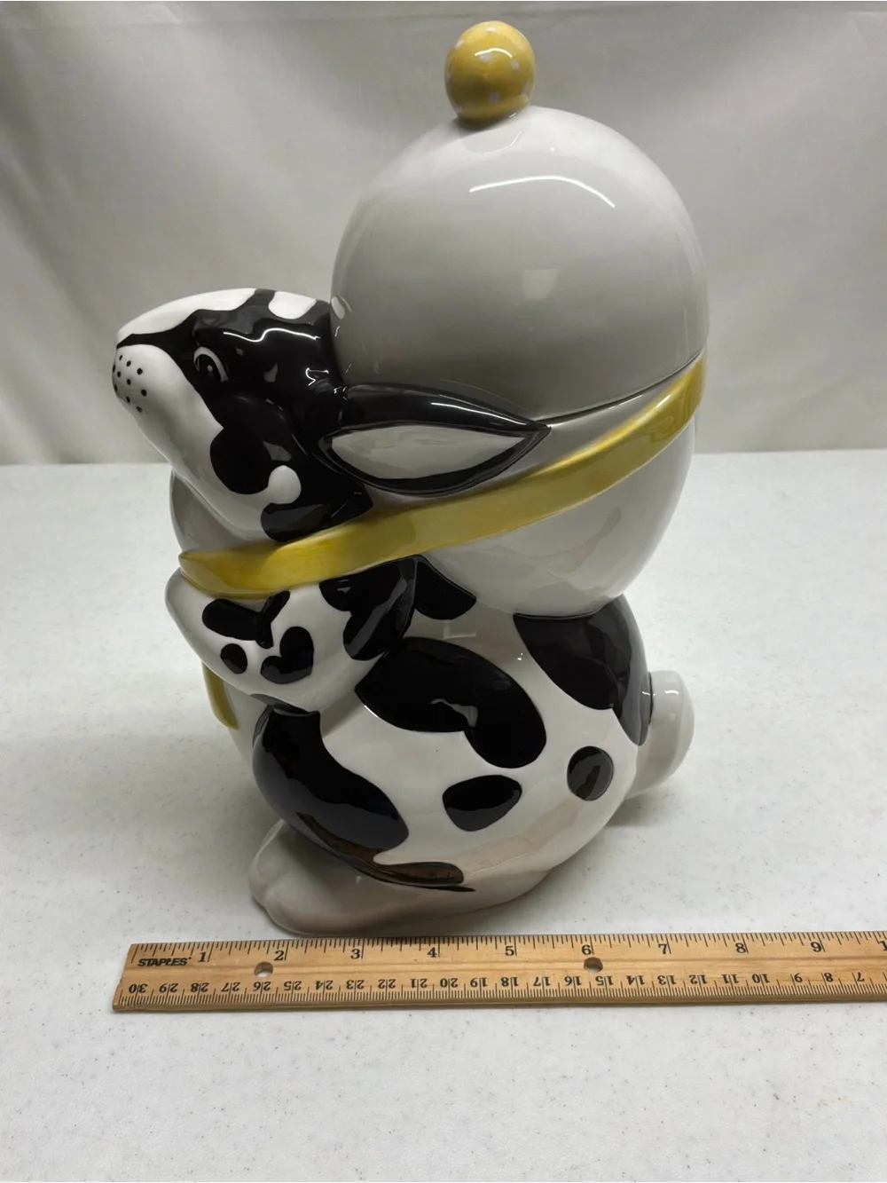 Department 56 Bunny Cookie Jar in White, Black. It Has a Crack on top of Jar